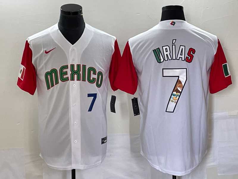 Men%27s Mexico Baseball #7 Julio Urias Number 2023 White Red World Classic Stitched Jersey12->2023 world baseball classic->MLB Jersey